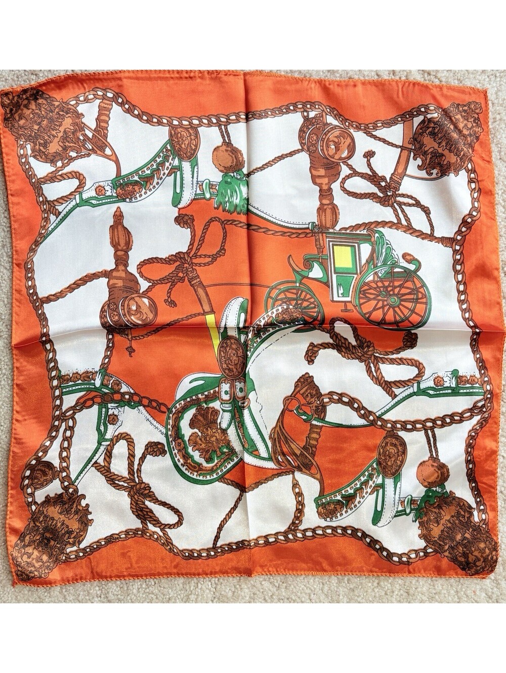Women's Square Scarf Orange White Satin Polyester Horse Equestrian Chain Ruffle